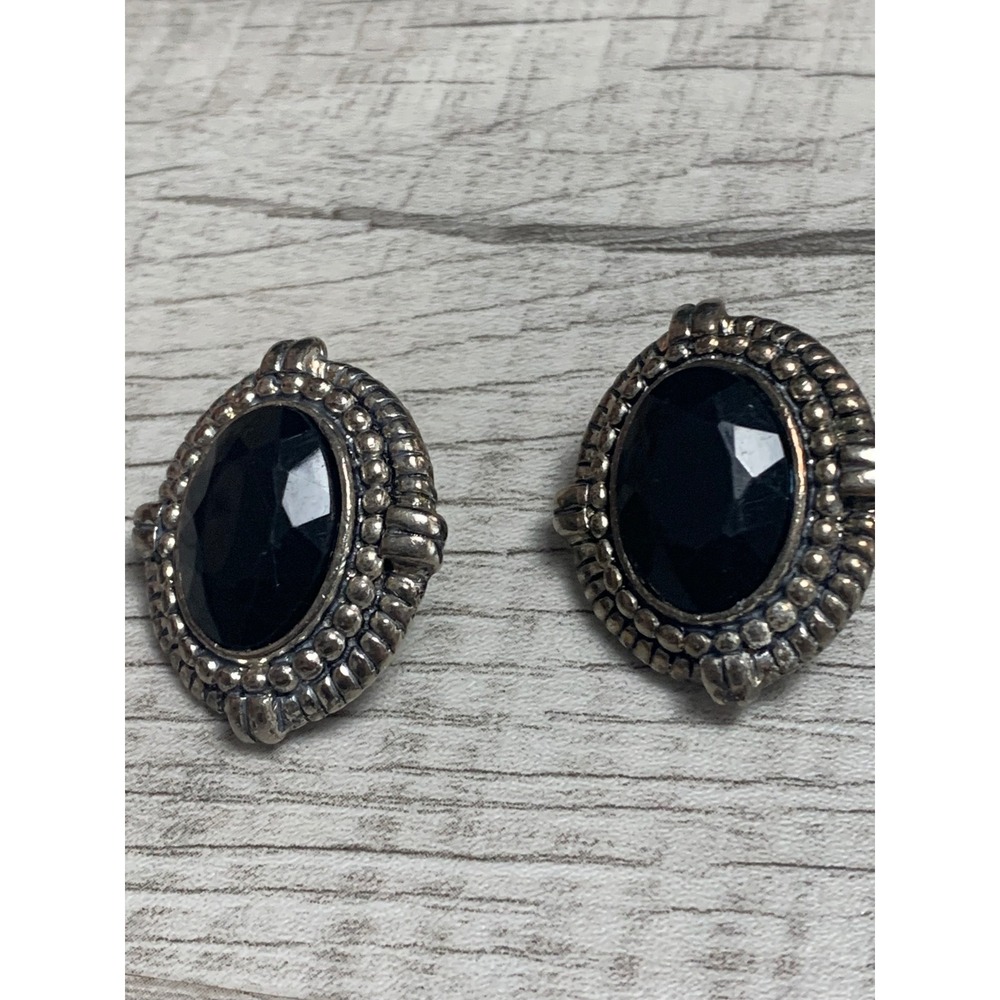 Vintage Silver Tone Black Oval Faux Onyx Beaded Border Clip On Earrings